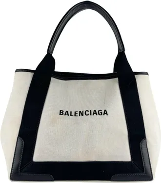 Balenciaga Black Ivory Canvas Leather Handbag Tote Bag (Pre-Owned)