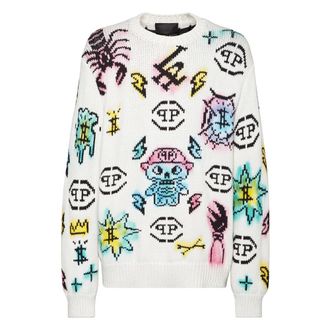 Philipp Plein Truien & Vesten, Heren, Wit, XL, Katoen, Pullover Ronde Hals Tattoo Monogram