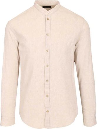 Emporio Armani Overhemden, Heren, Beige, S, Linnen, Textured Linnenmix Overhemd