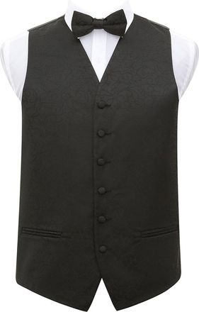 DQT New Swirl Jacquard Black Mens Waistcoat, Pre-Tied Bow Tie, Hanky & Cufflinks - 46