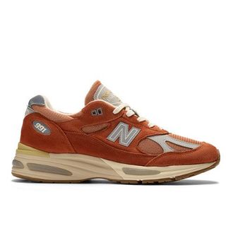 New Balance Unisex Made in UK 991v2 Vintage Sports en Naranja/Gris, Gamuza/Malla, Talla 37.5