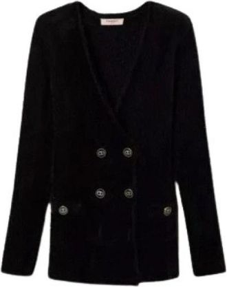 Twinset Jacquard Gebreide Gekruiste Blouson - Dames - Vesten - Zwart - M - Leer - Truien & Vesten