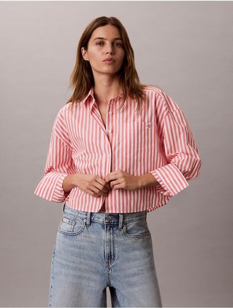 Calvin Klein Jeans Calvin Klein Womens Cotton Poplin Cropped Boxy Button-Down Shirt - Pink - XL
