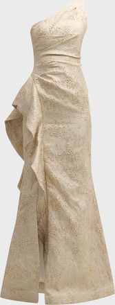 Teri Jon One-Shoulder Jacquard Side-Ruffle Gown