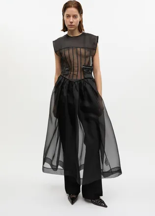 Ganni Black Technical Organza Corset Midi Dress - Size 0