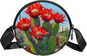 Generic Circle Crossbody Bag for Women, Red Cactus Flowers Small Sling Bag Daypack with Zipper Adjustable Shoulder Straps Casual Ladies Girls Round Purse