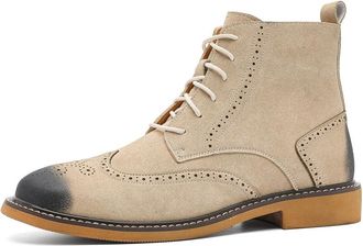 Generic Mens Dress Boots Lace-Up Suede Brogue Ankle Boots | Retro Mid Top Chelsea Booties | Classic Wingtip Oxford Shoes for Business, Work & Casual Wear,Off 