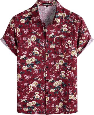 PARKLEES Mens Casual Linen Hawaiian Shirt Short Sleeve Button Down Shirts 70s Hippie Beach Vacation Tops Red Flower XXX-Large