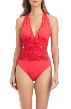 Bleu Rod Beattie Ruffle Halter One-Piece Swimsuit in Golden Gate at Nordstrom, Size 10