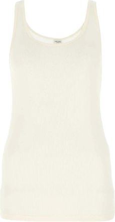 Saint Laurent Tops, Dames, Wit, L, Katoen, Fijn geribbelde, semi-transparante tanktop