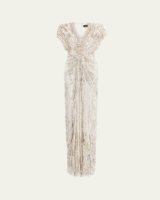 Jenny Packham Lacie V-Neck Cap-Sleeve Beaded Gown