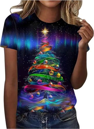 Generic Christmas Blouse Tops Woman Ladies Short Sleeve Tshirts Christmas Tree Printed Basic Tees Shirt Pullover Crew Neck Xmas Loose Sweatshirts Christmas T-