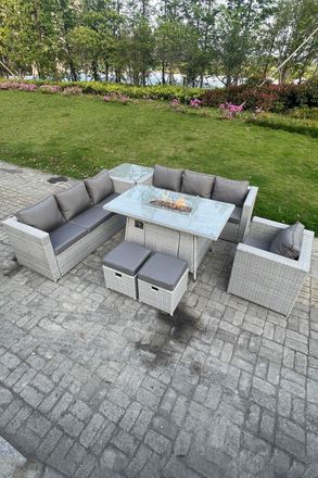 Fimous Rattan Fire Pit Dining Table Set Gas Heater Burner Lounge Sofa Side Coffee Table in Light Grey