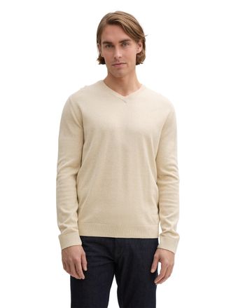 Tom Tailor V-Ausschnitt-Pullover TOM TAILOR, Herren, Gr. XXL, beige (soft beige melange), Strick, Obermaterial: 100% Baumwolle, meliert, regular fit normal, V-Au