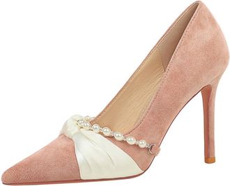 Generic Women Pointed Toe Stiletto High Heels 10CM Satin Wedding Pumps Pearl Chain Bow Suede Shoes for Bride Prom Party (Pink,2.5)