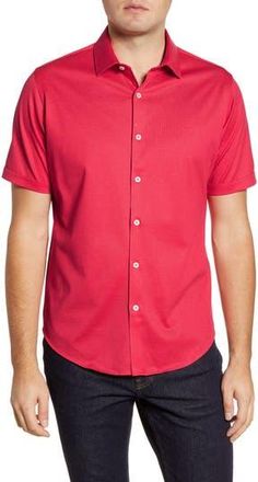 Bugatchi Knit Short Sleeve Button-Up Shirt in Echo Red at Nordstrom Rack, Size Xx-Large