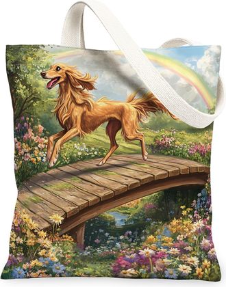 Generic Spring Saluki Dog Canvas Tote Bag for Shopping 13x15, Country Garden Puppy Reusable Grocery Print Pattern Bag for Women, Fun Flower Pet Beach Aestheti