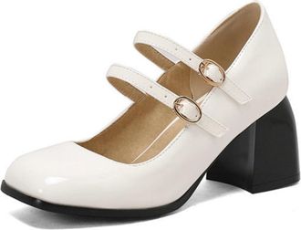 Generic Womens Square-Toe Platform Heels - Double Buckle Strap Chunky Heel Pumps for Spring Autumn Work & Daily Wear,White,7.5 UK