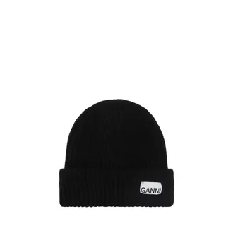 Ganni Beanies, female, Black, Size: ONE SIZE Ribbed Wool Beanie Cap Aw25