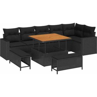 vidaXL Conjunto De Sof&aacute; De Jard&iacute;n Con Coj&iacute;n 9 Pcs Negro