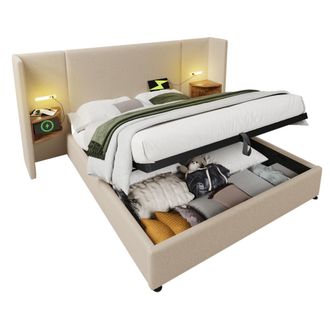 STILVORA Letto Contenitore 180 X 200 Cm In Lino, Letto Matrimoniale Con Lampada Da Lettura, Usb E Type-c, Senza Materasso, Beige
