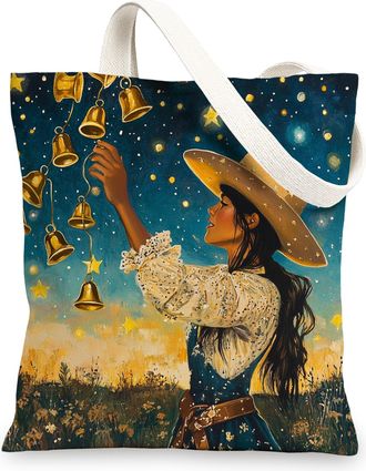 Generic Christmas Western Cowgirl Canvas Tote Bag for Shopping 13x15, Vintage Cool Southwest Xmas Reusable Grocery Print Bag for Women, Holiday New Year Beach
