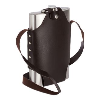 Relaxdays Petaca Xxl Con Funda, Cantimplora, Acero Inoxidable Y Cuero Sint&eacute;tico, 1,8 L, Plateado Y Marr&oacute;n - Relaxdays