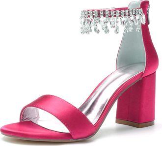 Generic Wedding Shoes Bridal Block Heel Wedding Sandals Satin Prom Party Dress Pumps Open Toe Bridal Shoes Wedding Heels 8Cm,Rose red,10 UK