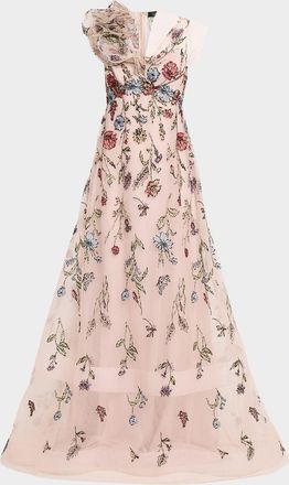 Teri Jon Floral-Embroidered Tulle Gown