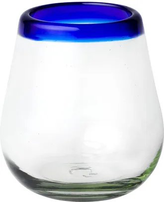 10 Strawberry Street Set Of 6 Cobalt Rim Stemless Wine Handblown Mexican Glasses