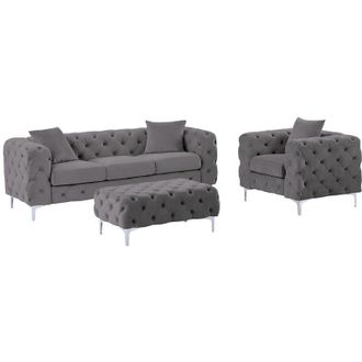 Vente-Unique Divano 3 posti, poltrona e pouf chesterfield in velluto antracite - edwina
