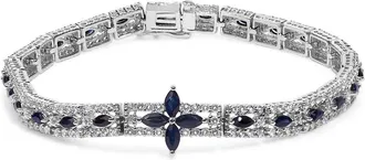 House of Brilliance Sterling Silver Dark Blue Sapphire and Topaz Marquise Floral Art Deco Link Bracelet