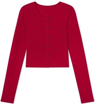 Lunya Short Sleeve Pointelle Cardigan in Camellia Red at Nordstrom, Size X-Large