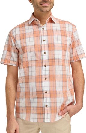 Double TWO Mens Casual Shirt Multi-Check Cotton Button Down Classic Fit Short Sleeve Shirt - Orange, XL