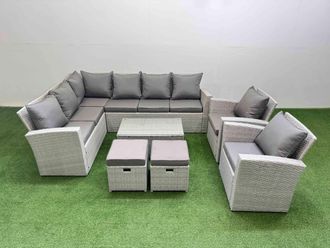 Fimous 10 Seater Garden Outdoor PE Rattan Furniture Set with 2 Small Stools in Light Grey