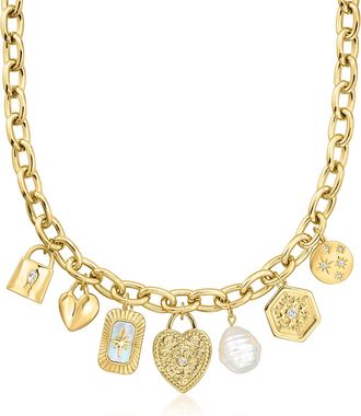 Ross-Simons 14kt Yellow Gold-Plated Charm Necklace With Simulated Gemstones, Pearl and. Czs