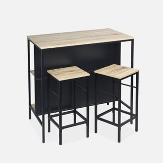 Sweeek Sweeek - Mesa Alta De Madera Y Metal, 2 Estantes, 2 Taburetes, Loft, Natural, 100x60x95 Cm
