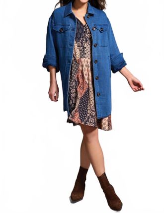 Tribal Quilted Cotton Button Front Shacket In Blue Bliss