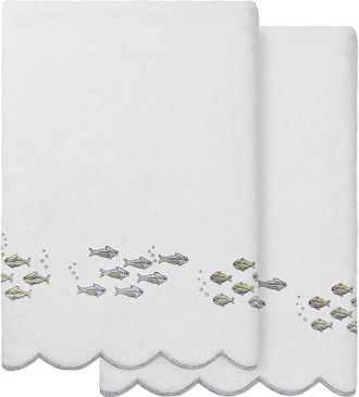 Linum Home Textiles 100% Turkish Cotton Fish School Scallop 2Pc Embellished Bath Towel Set