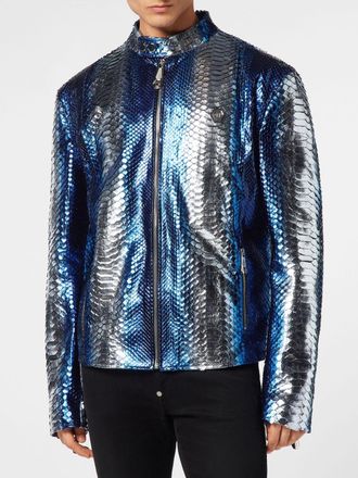 Philipp Plein Giacca biker in pelle con stampa pitone e tasche zip
