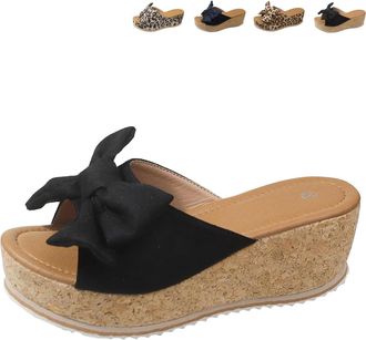 Generic 2026 New Womens High Heeled Bow-Knot Platform Wedge Sandals, Anti-Slip Thick Sole Slingback Open Toe Dressy Summer Sandals (Black,6.5)