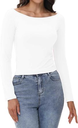 Generic 2025 Womens Off The Shoulder Tops Long Sleeve Basic T Shirts Going Out Cute Fall Fashion 2024 (White, XL)