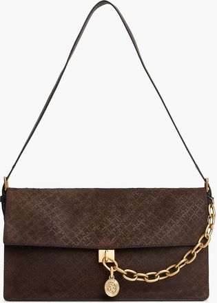 Tommy Hilfiger Womens Chain Accent Monogram Suede Shoulder Bag - Fondant Brown