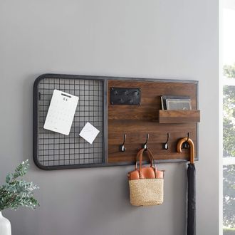 Walker Edison Hattie Industrial Metal Mesh and Wood Wall Organizer with Hooks, 42 Inch, Dark Walnut