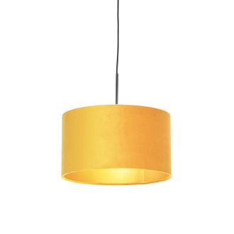 QAZQA R&uacute;stico L&aacute;mpara Colgante Con Pantalla De Terciopelo Ocre Con Dorado 35 Cm - Combi Acero /textil Cil&iacute;ndra /alargada /redonda Adecuado Para Led Max. 1 X