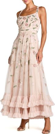 Mac Duggal Ruffle Midi Dress with Floral Embroidery in Porcelain at Nordstrom, Size 12