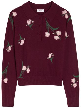 Erdem Floral-intarsia Merino Wool Polo Jumper - Bordeaux - S (UK8-10 / S)