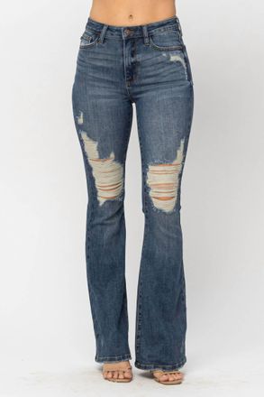 Judy Blue Destroyed Knee Flare Jean In Medium Blue