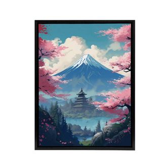 Artery8 Japanese Temple in Mount Fuji Lake Landscape Framed Canvas Wall Art Print in Pink | Size: W24 x H32
