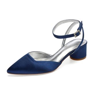 Generic Wedding Sandals Womens Low Block Heels Sandals Bridal Pointed Toe Slingback Ankle Strap Dress Party Heels 4.5,Dark Blue,5 UK